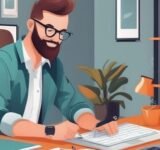 SEO copywriting services concept with professional working on computer in office setting