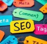 Colorful tags representing important SEO elements.