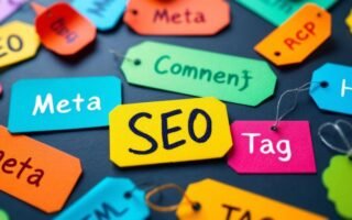 Colorful tags representing important SEO elements.