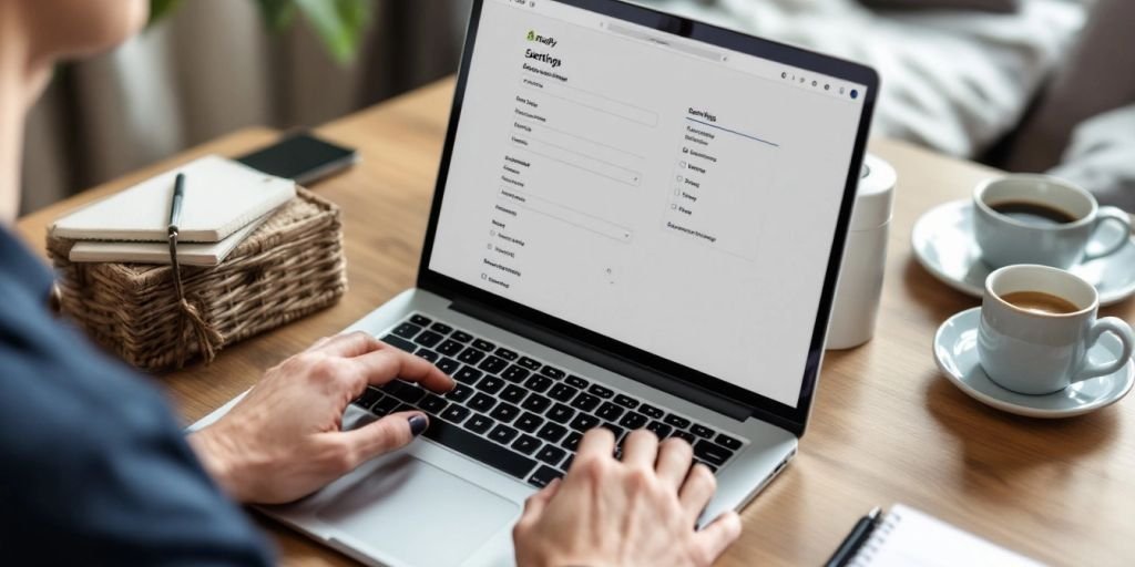 How To Approve Collaborator Access on Shopify 1 Person managing Shopify settings on a laptop.