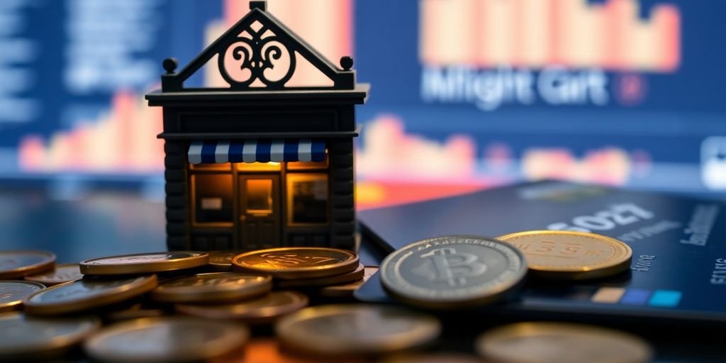 Shopify Enhances Payment Options for UK and Belgium Merchants 1 Coins and cards near tiny shop.