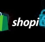 Shopify logo with a shield and lock icons.