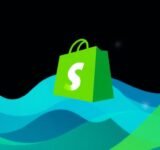 Shopify logo with abstract blue and green shapes.